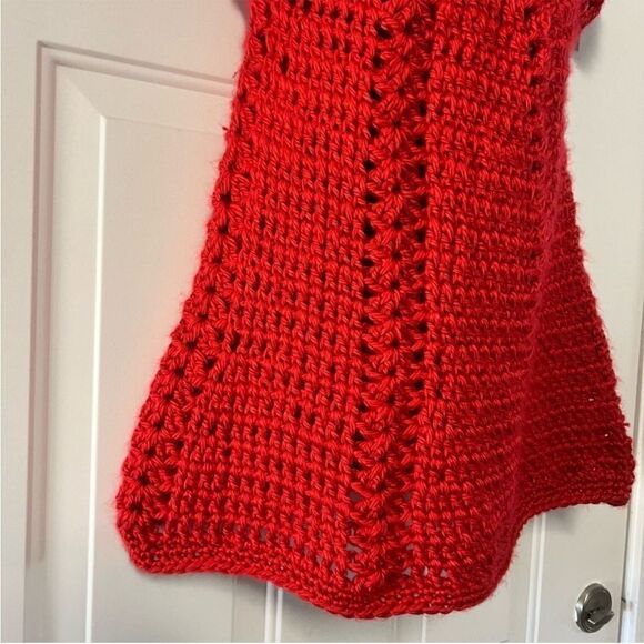 Vintage 60s Red Micro Mini Dress Crochet Hot pants Handmade Open Chunky Knit L - Picture 9 of 16